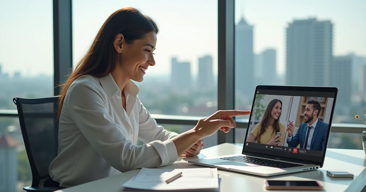 Corretor de imóveis conversando com clientes pelo notebook em escritório moderno 