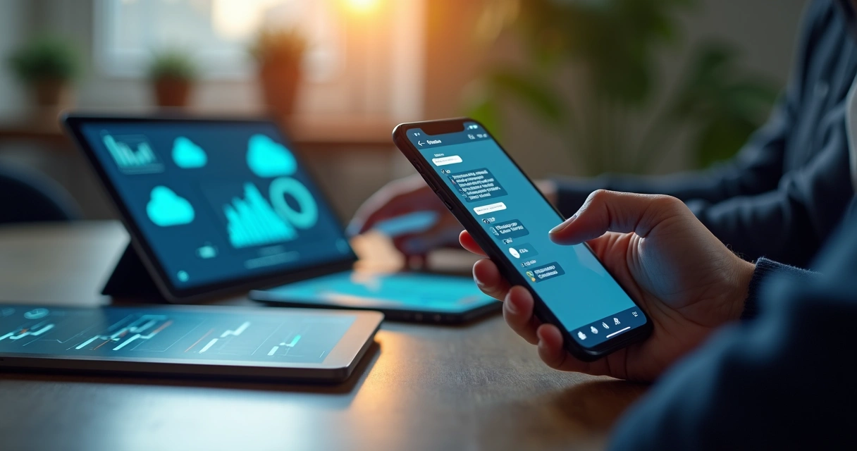 Tela de smartphone na mão de pessoa mostrando mensagens e tablets ao lado com gráficos digitais 