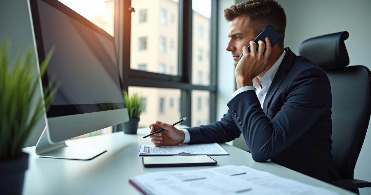 Profissional de vendas realizando chamada de prospecção outbound em mesa de trabalho moderna
