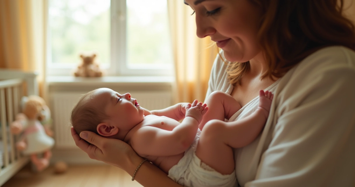 Mãe segurando bebê de fralda no peito em quarto iluminado 