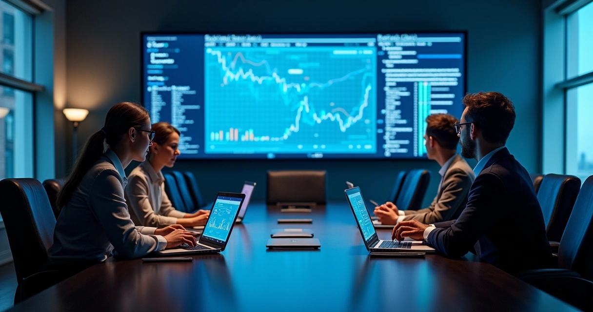 Círculo de profissionais em reunião discutindo dados em um notebook 