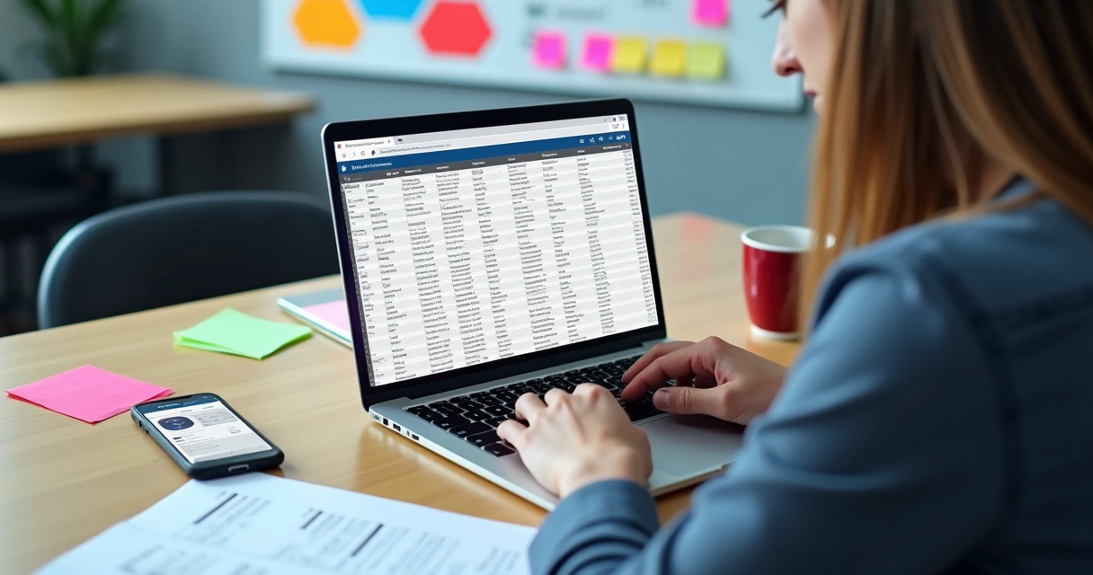 Profissional analisando contatos empresariais em um laptop 