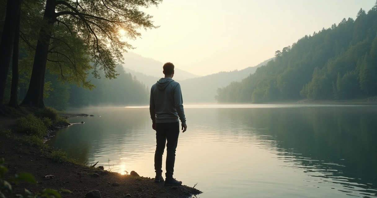 Pessoa contemplando um lago em silêncio, cercada por natureza e árvores ao entardecer 