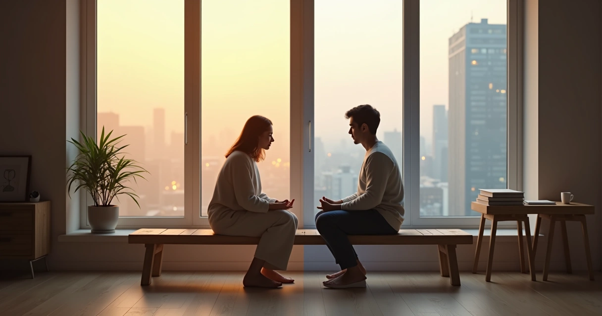 Pessoa sentada à janela dividida entre contemplação silenciosa e reflexão com anotações 