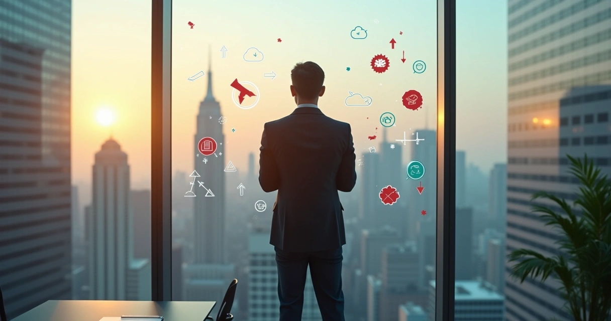 Business leader overlooking city skyline with broken strategy icons around 