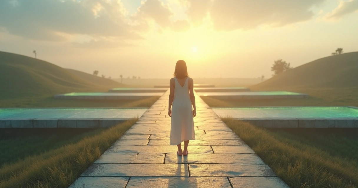 Contemplative person standing on a path that branches into multiple luminous directions 