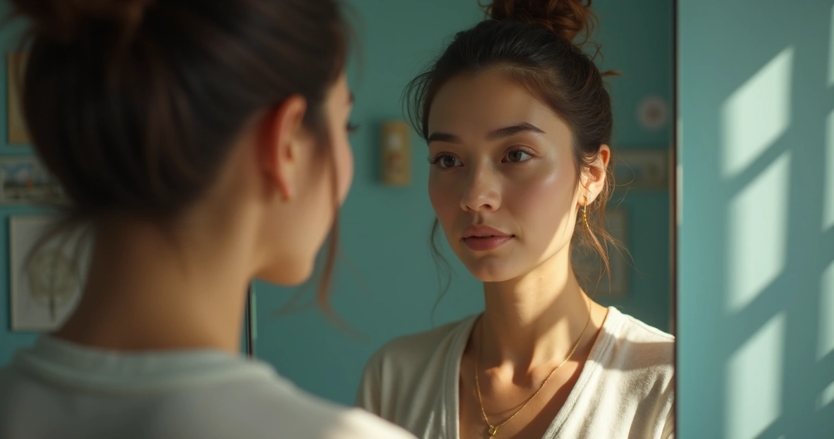 Contemplative woman gazing into mirror reflection 