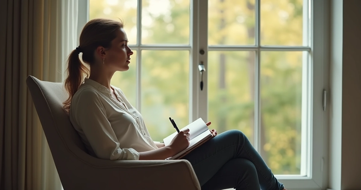 Person gazing thoughtfully out of a large window 