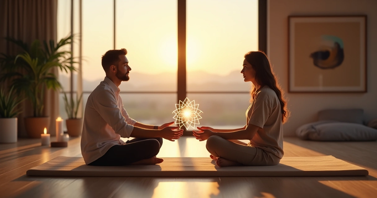 Two people in quiet dialogue separated by a glowing mandala in a calm room 