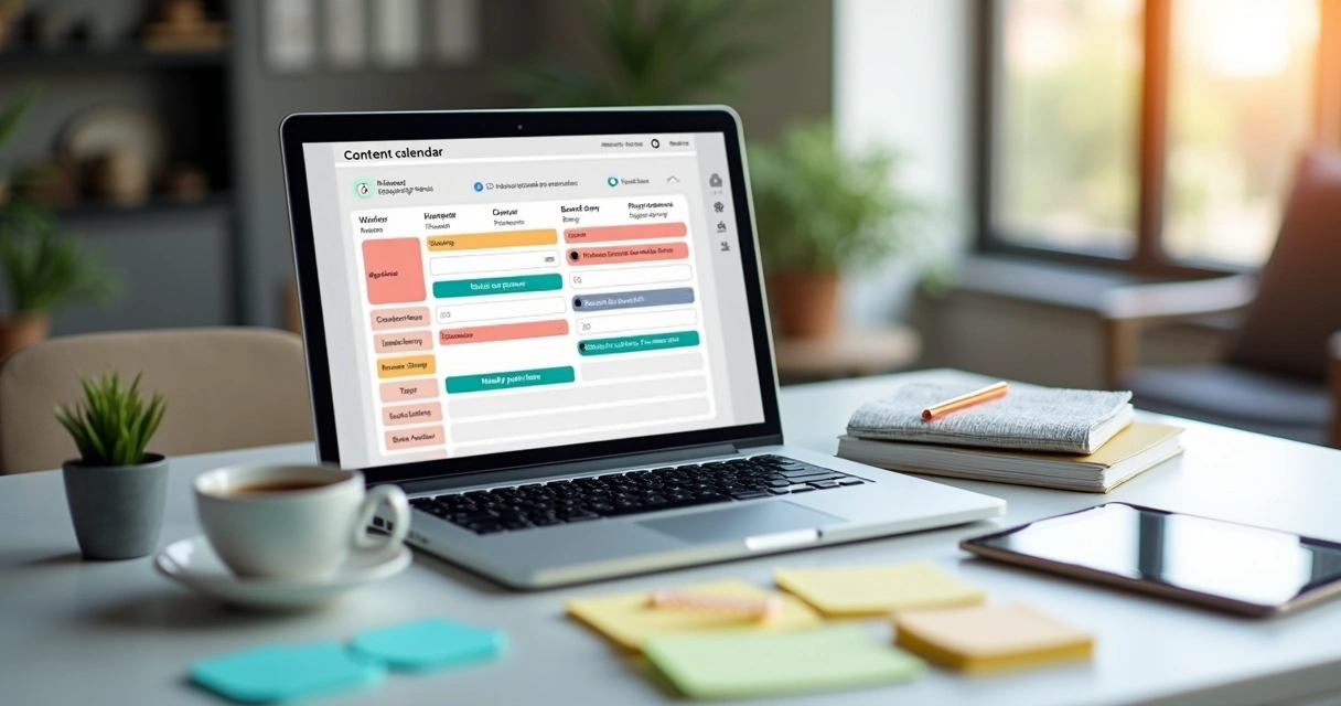 Digital content calendar on a laptop with color-coded posts and business goals labeled