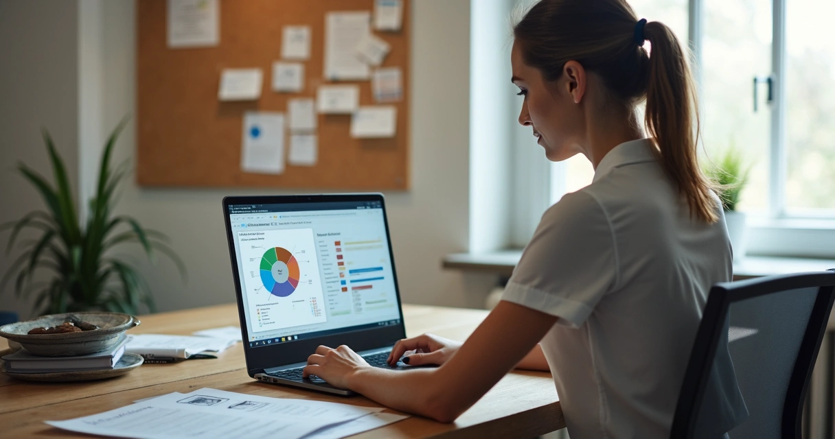Marketing professional creating a content guide on a laptop