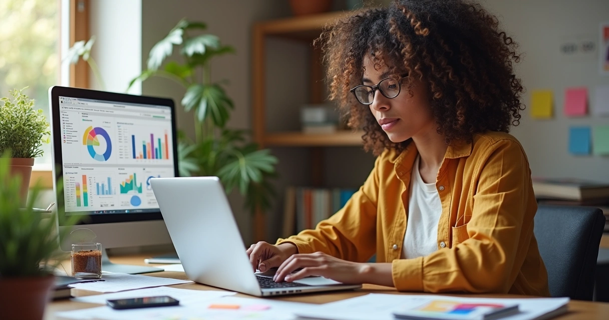 Mulher trabalhando no computador com anotações e gráficos coloridos na mesa 