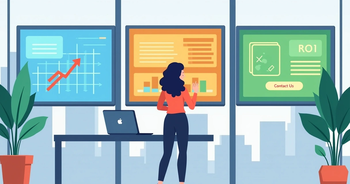 Person in business attire choosing between digital content paths displayed on screens 