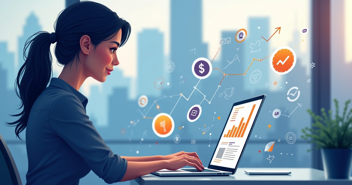Profissional digitando em notebook com gráficos de conversão e ícones digitais ao redor 