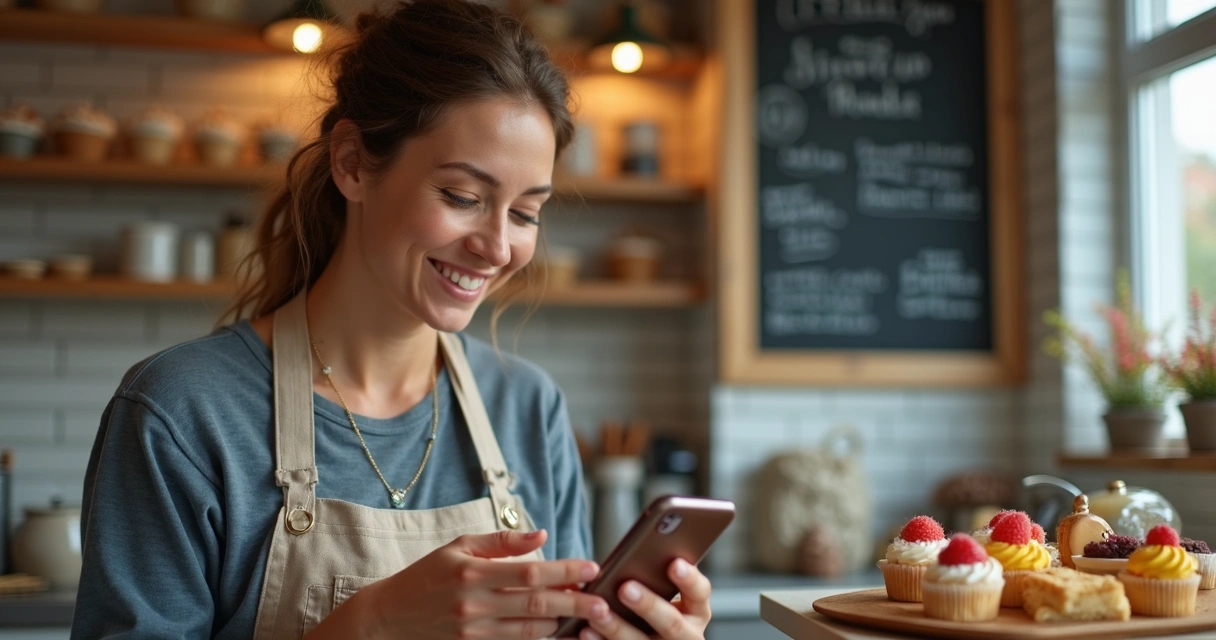 Dona de confeitaria gravando vídeo curto para redes sociais 