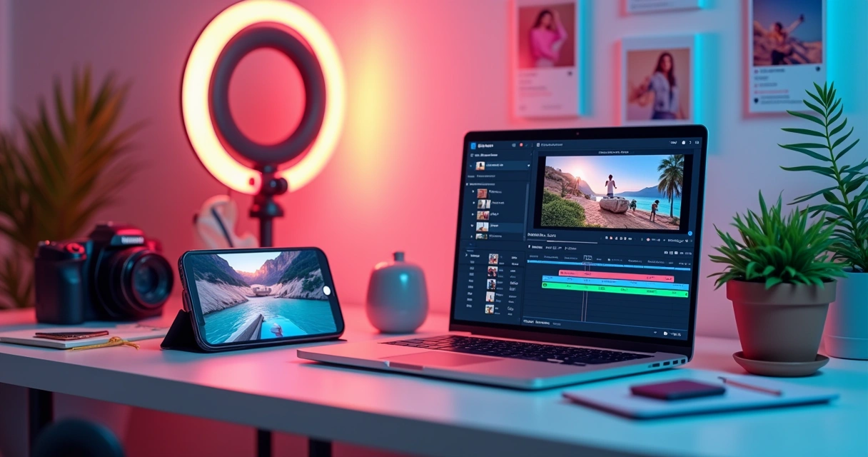 Espaço de trabalho moderno mostrando a criação de conteúdo audiovisual para redes sociais.