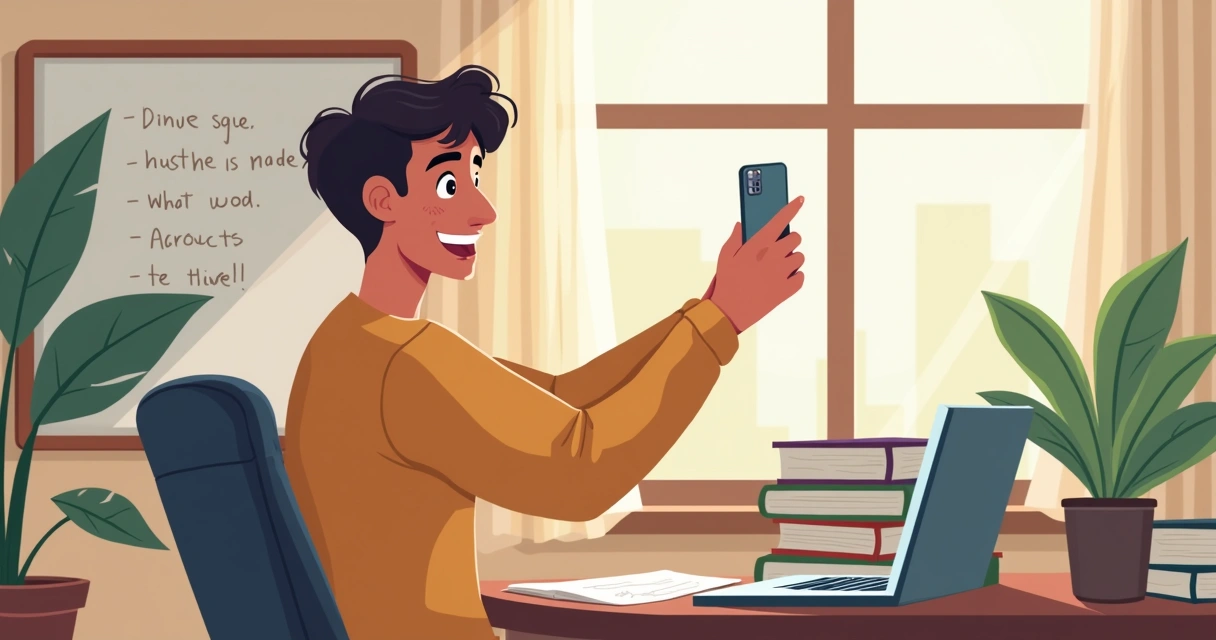 Pessoa gravando vídeo autêntico com celular em escritório simples