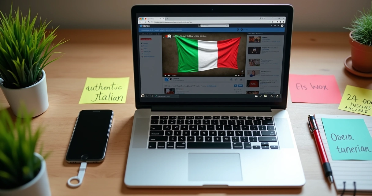 Página de site em italiano com vídeo e post-its em volta 