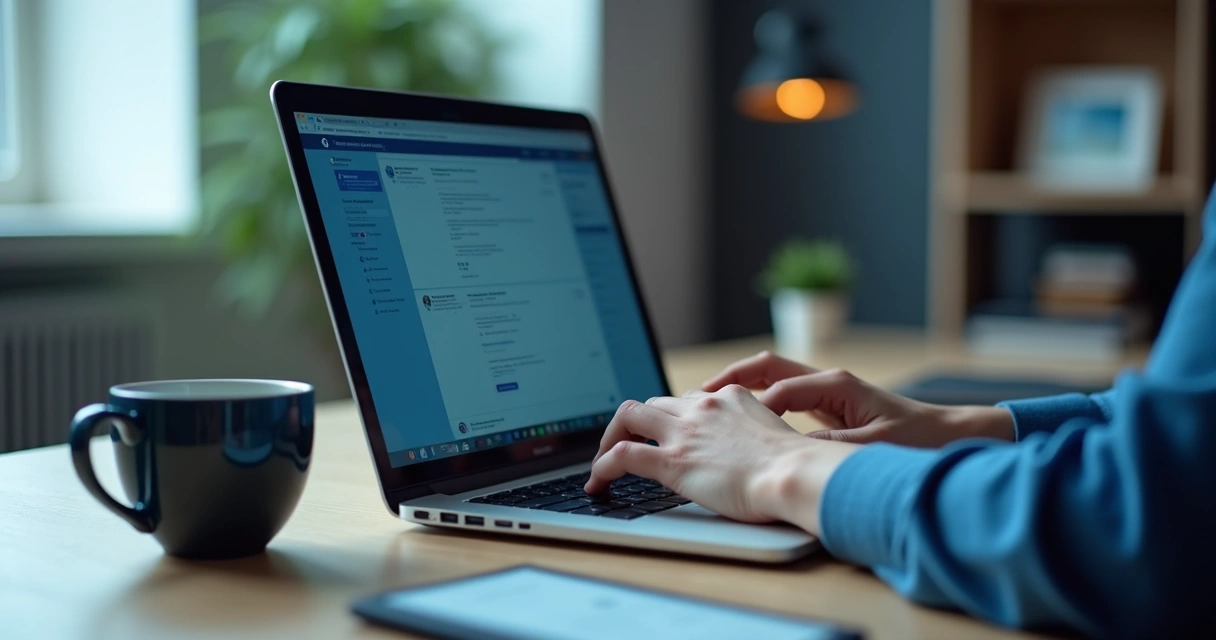 Profissional digitando post autoral no LinkedIn com notebook 