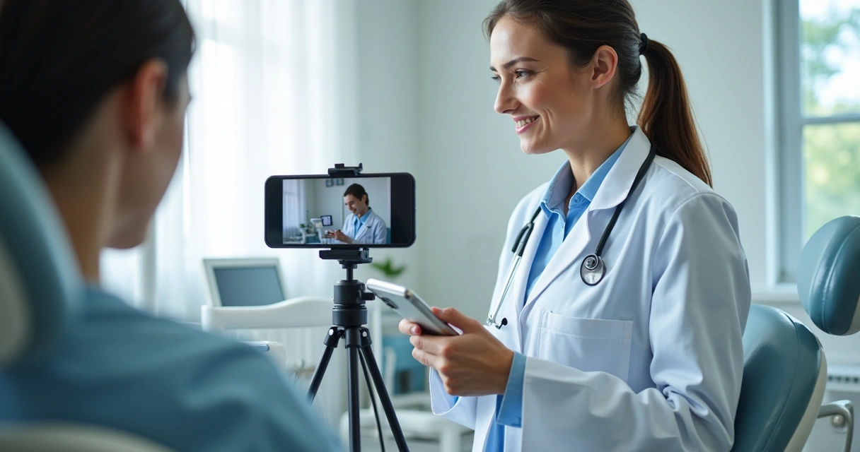 Dentista gravando vídeo educativo em consultório, luz natural, elementos de odontologia 