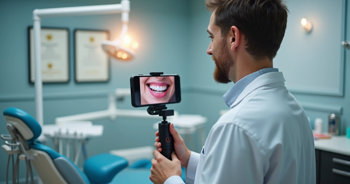 Profissional da odontologia grava vídeo educativo sobre saúde bucal ao lado de equipamentos de consultório 
