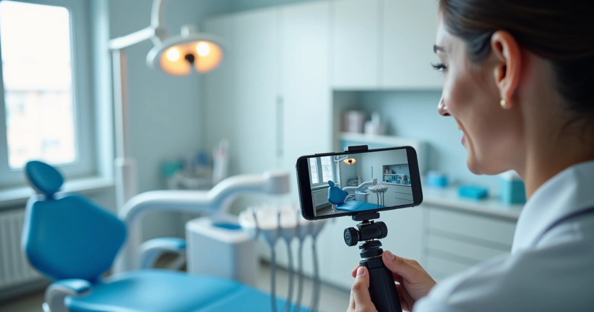 Dentista gravando conteúdo na clínica