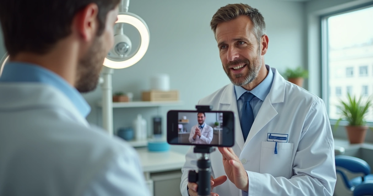 Dentista gravando conteúdo profissional para redes sociais 