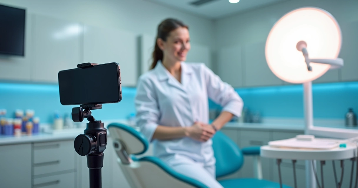Dentista gravando conteúdo em clínica para redes sociais