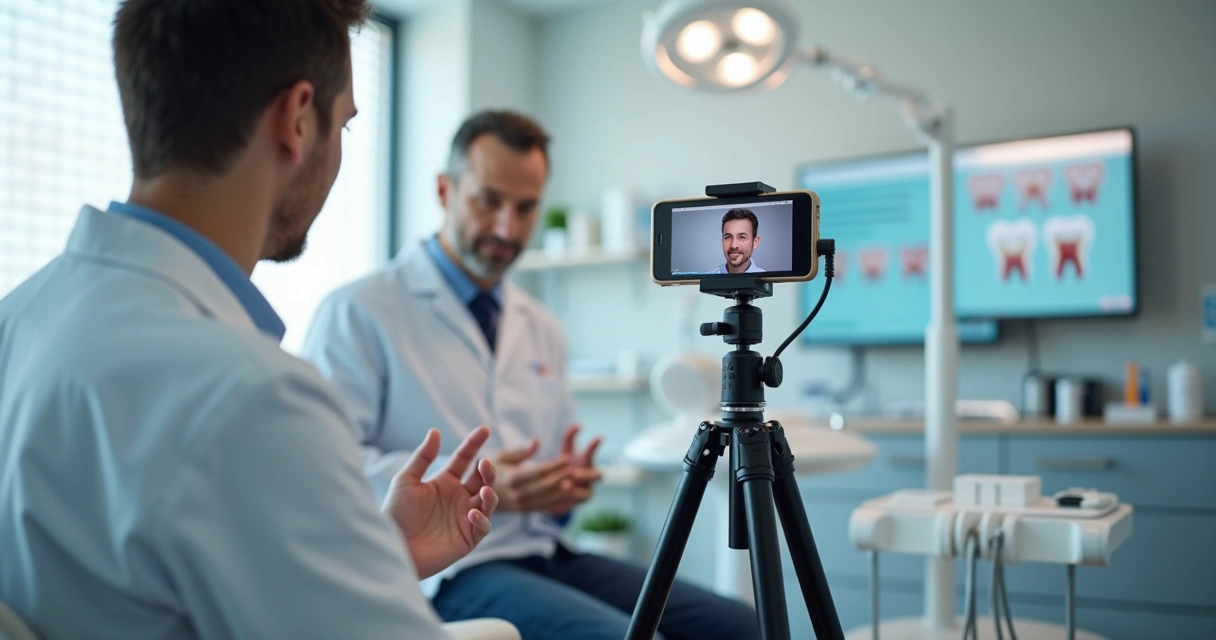 Dentista gravando vídeo educativo em consultório moderno