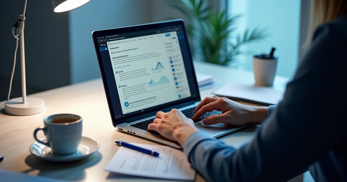 Profissional trabalhando em notebook produzindo conteúdo para LinkedIn. 