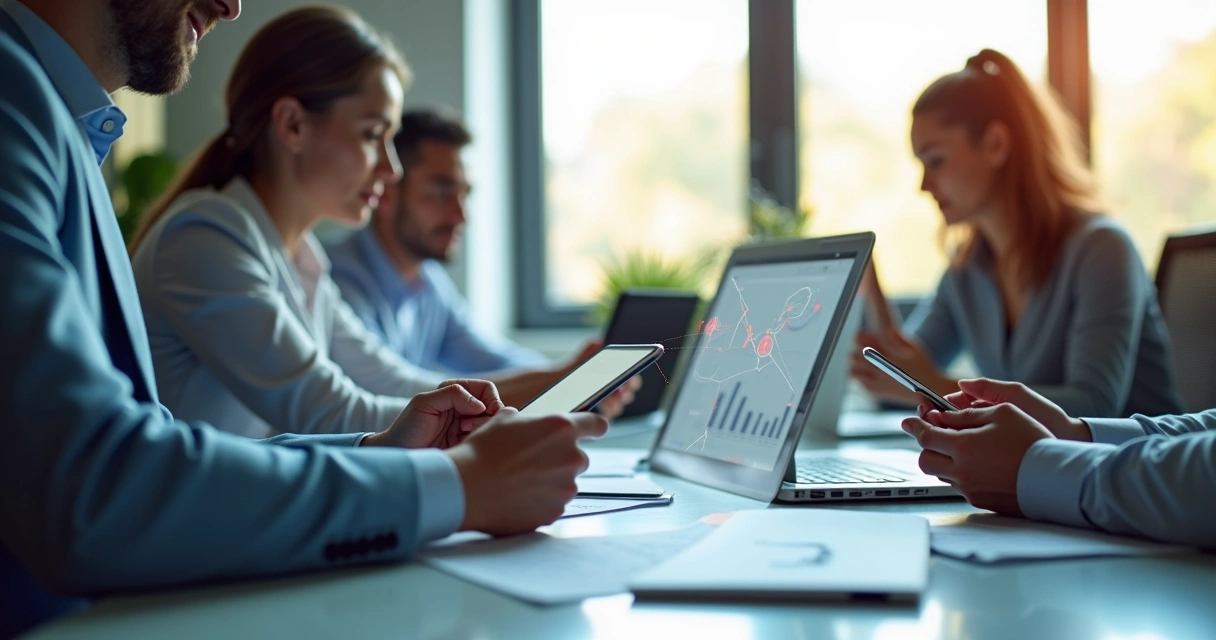 Pessoas de negócios lendo conteúdo em diferentes dispositivos com gráficos de performance 