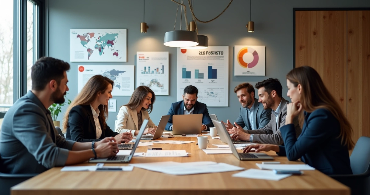 Equipe trabalhando em conteúdo B2B em uma mesa de trabalho 