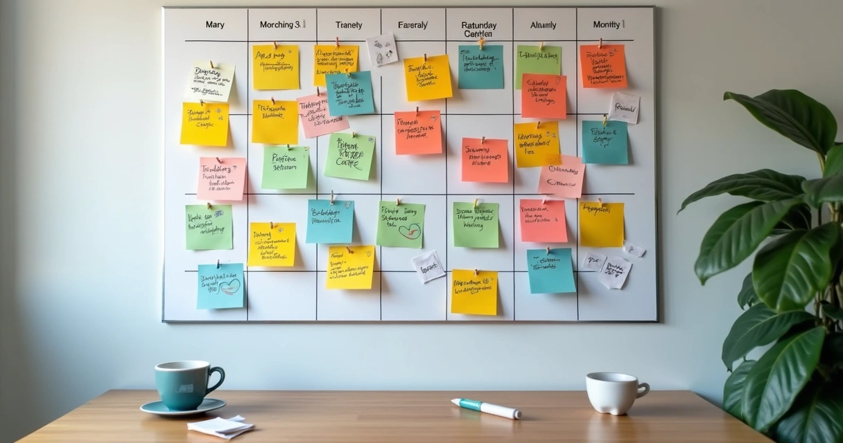 Calendário editorial de conteúdo odontológico com post-its coloridos