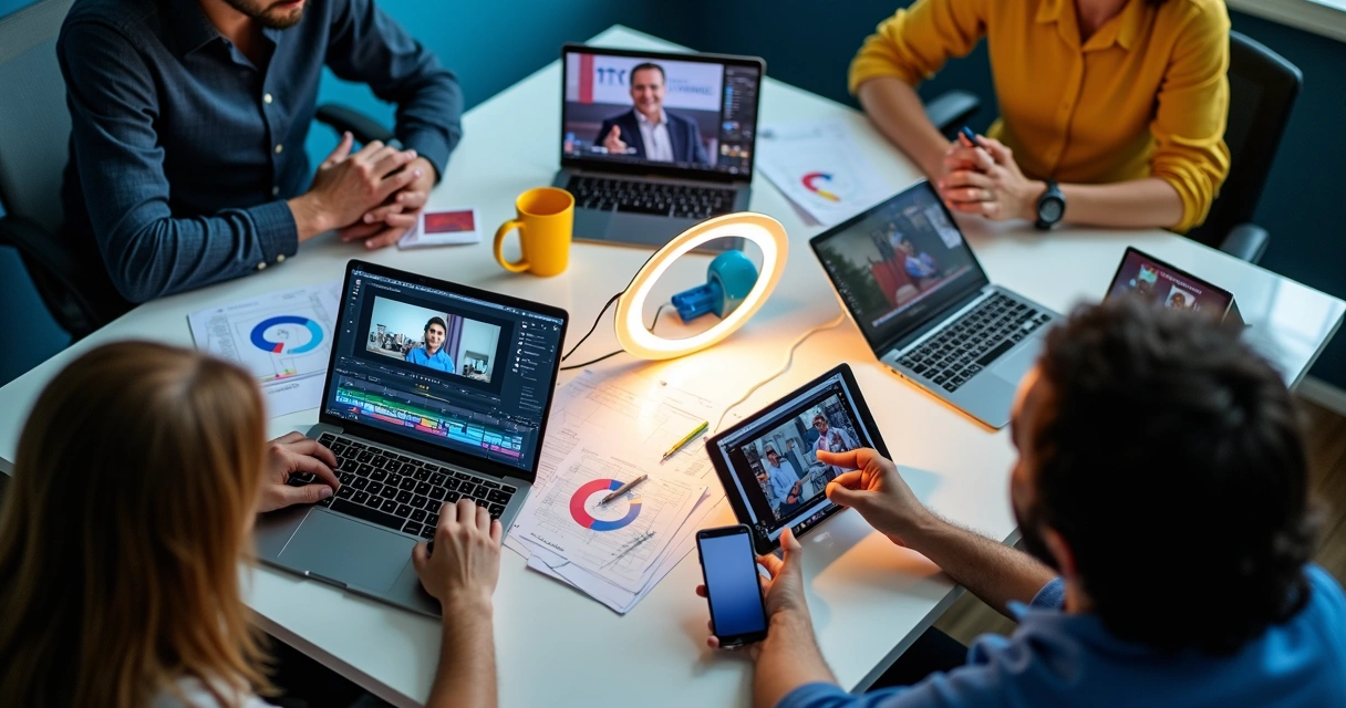 Equipe criando conteúdo de campanha com vídeos, textos e gráficos na tela 
