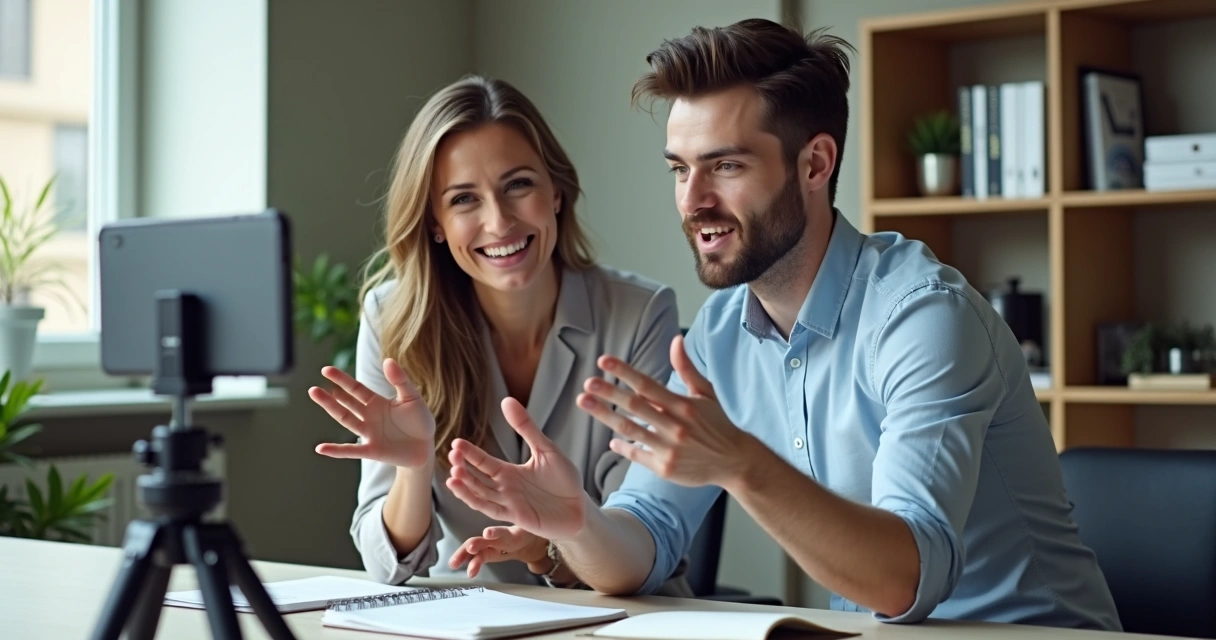 Dois profissionais gravando vídeo sobre BPO Financeiro juntos 