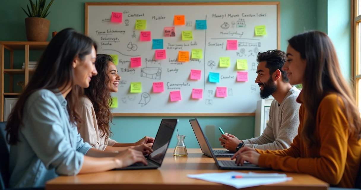 Equipe de marketing planejando conteúdo digital criativo 