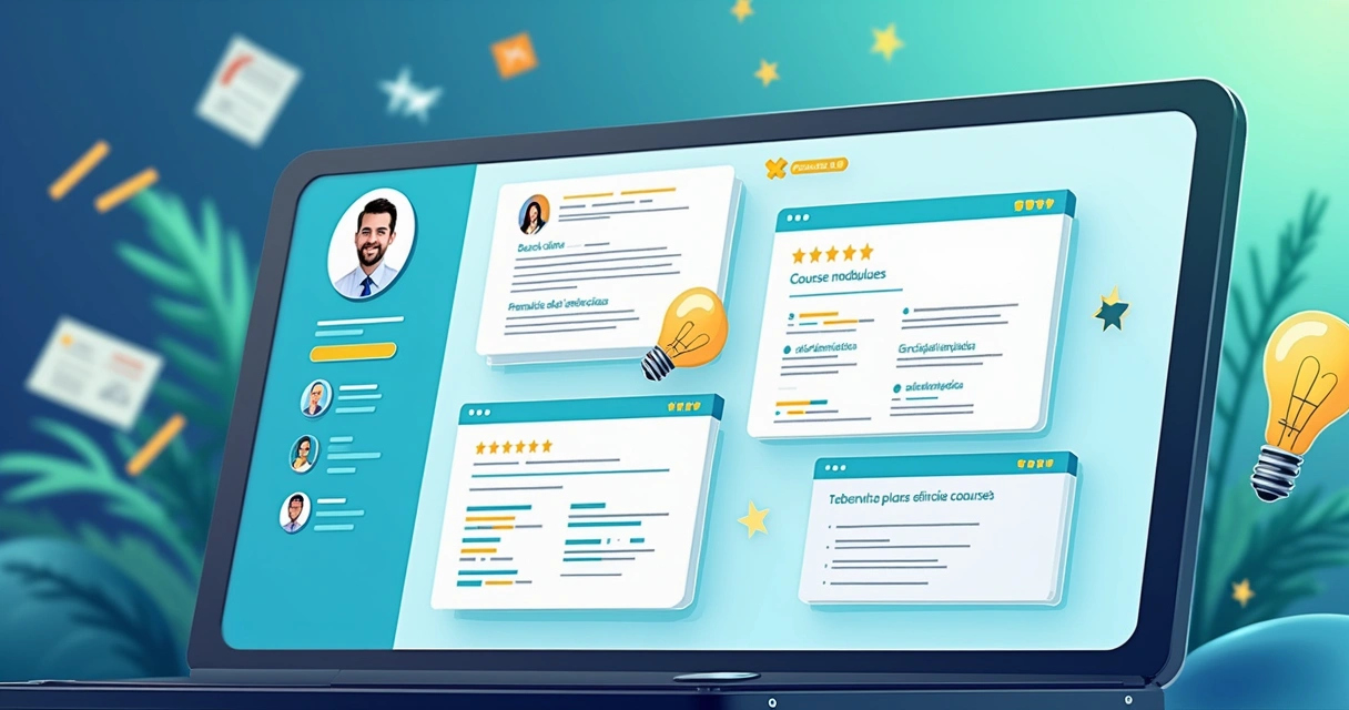 Plataforma de cursos online exibindo módulos e avaliações de alunos