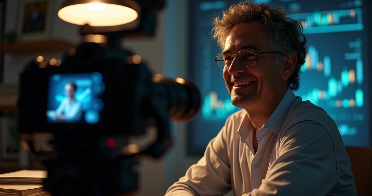 Professor gravando videoaula com luzes e câmera 