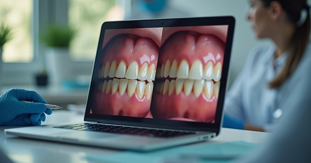 Antes e depois de um paciente de clínica odontológica exibido em tela de notebook 