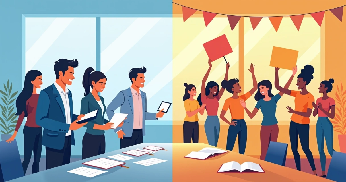 Duas mesas lado a lado: de um lado pessoas com livros, do outro grupo com cartazes motivacionais e sorrisos. 