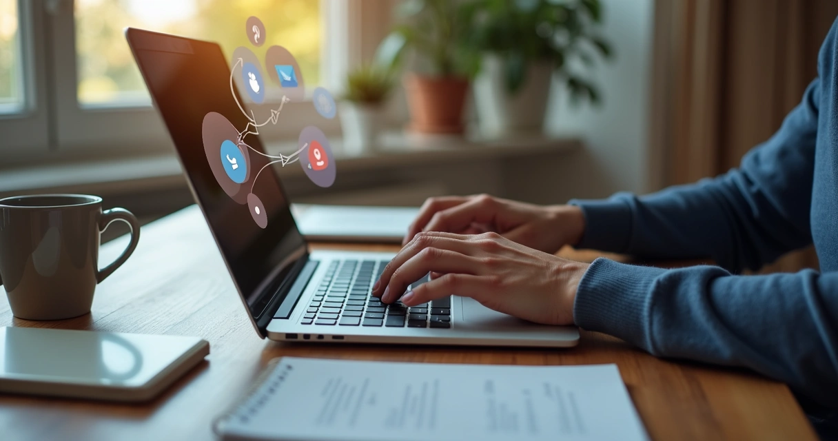 Pessoa digitando blog no notebook e ícones de curtidas ao redor 