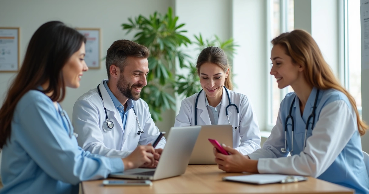 Equipe de clínica preparando conteúdo digital em laptops 
