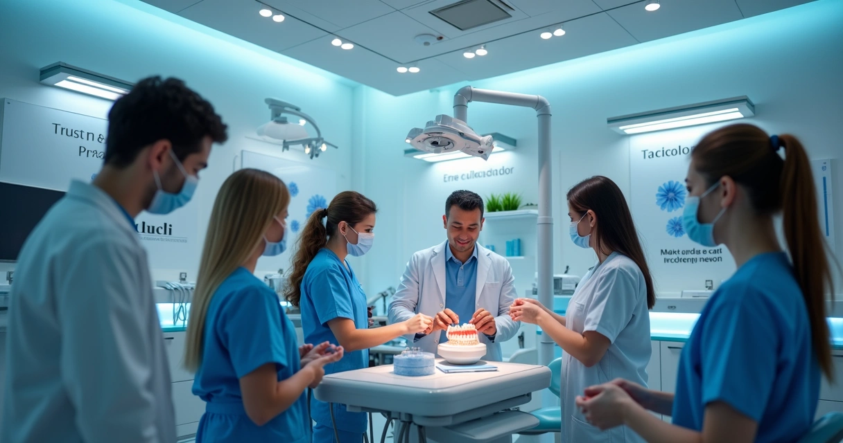 Equipe odontológica gravando vídeo explicativo em clínica 