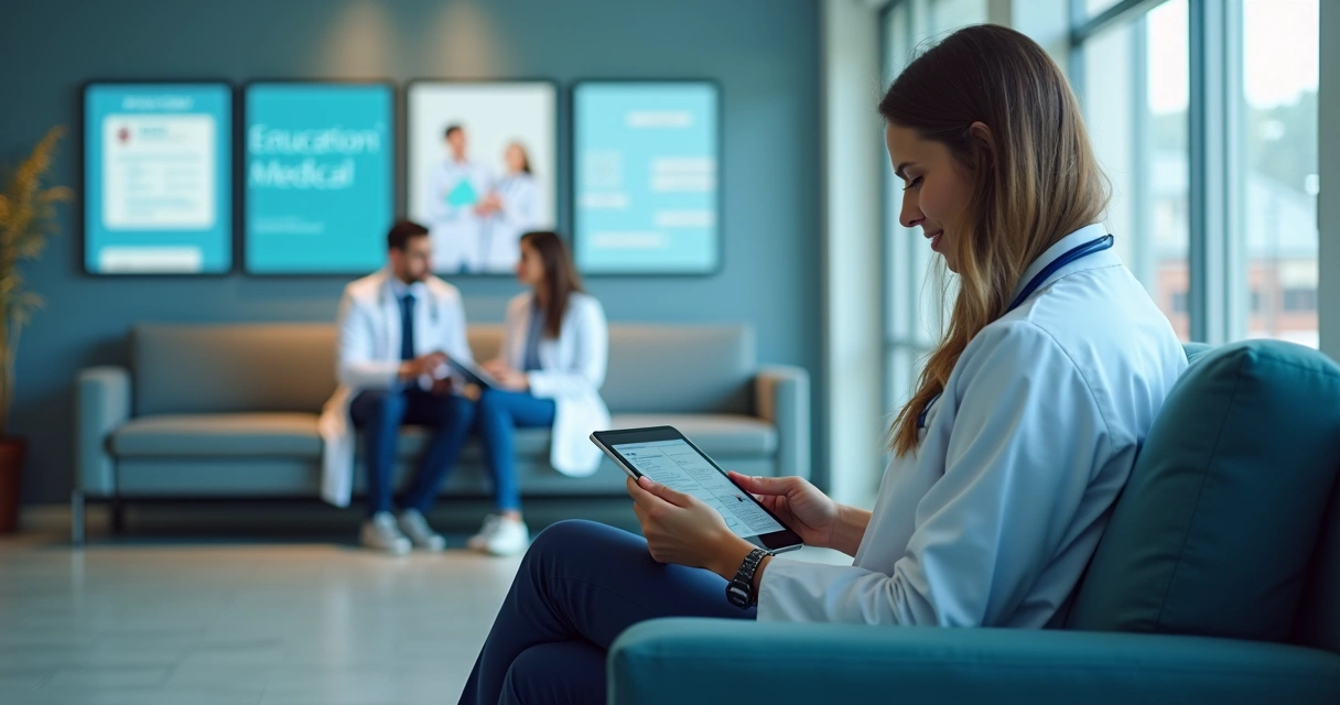 Paciente lendo conteúdo informativo digital em clínica moderna 