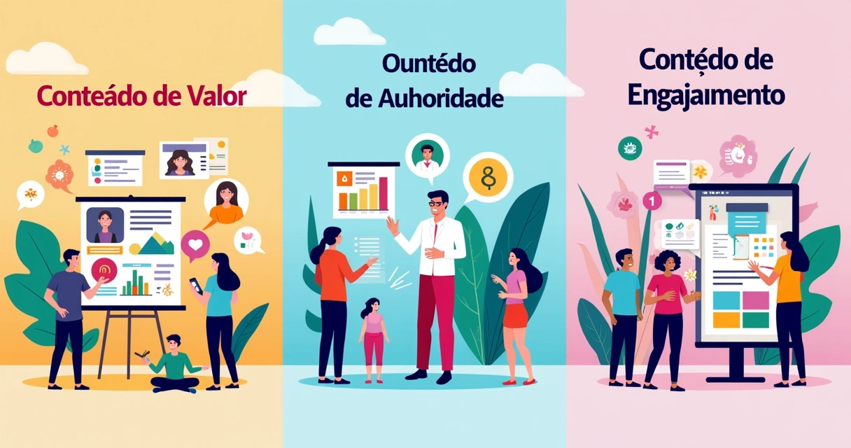 Representação colorida das três categorias de conteúdo digital: valor, autoridade e engajamento no Instagram.