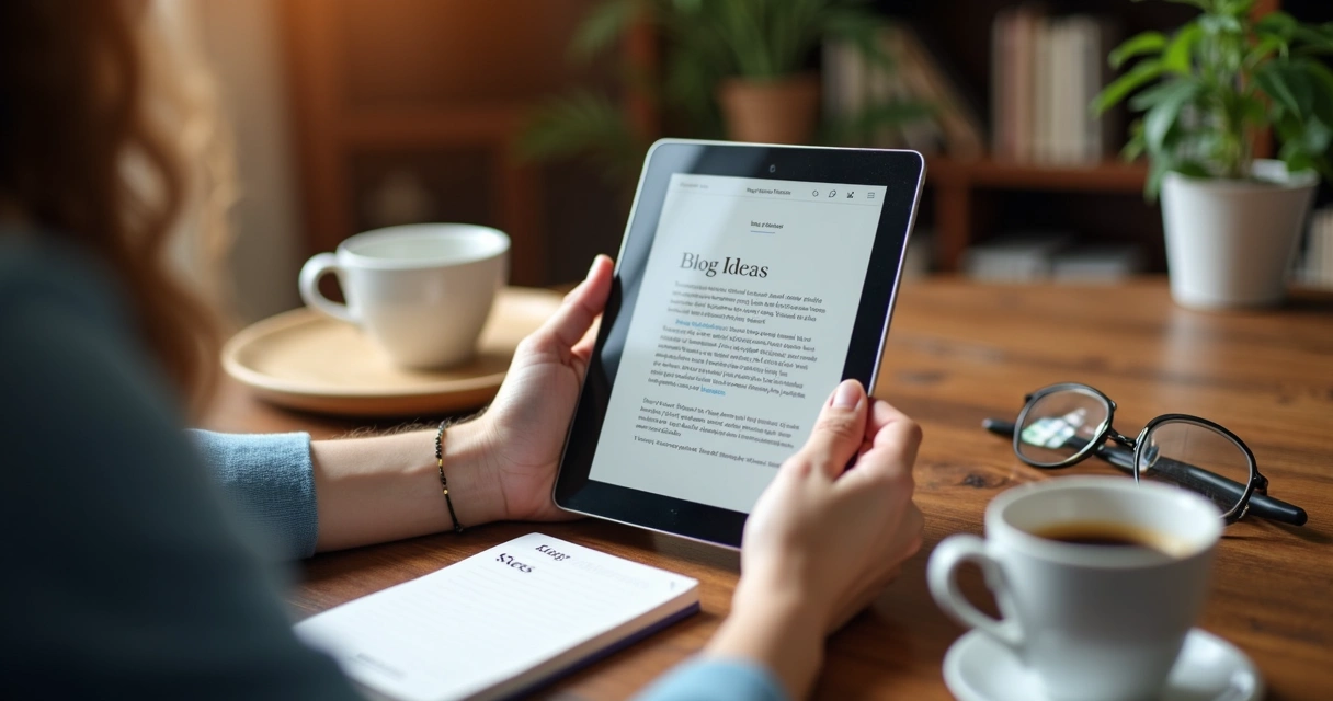 Pessoa lendo conteúdo de blog no tablet cercada por elementos de marca