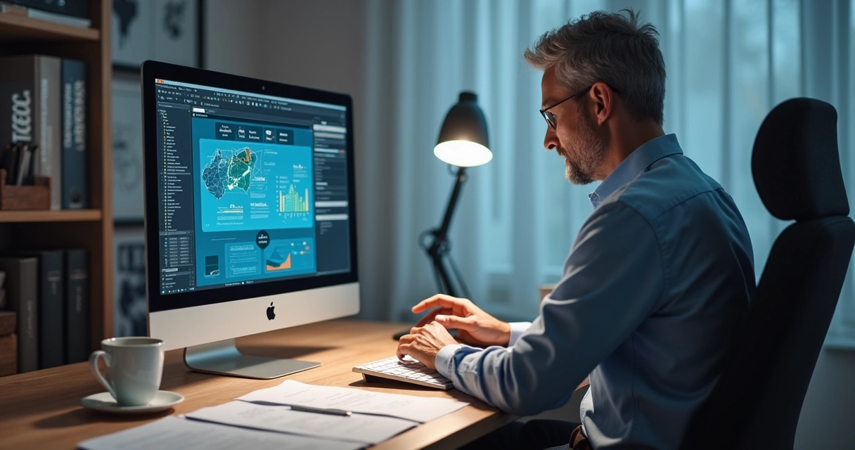 Especialista maduro criando conteúdo digital em ambiente de trabalho moderno 