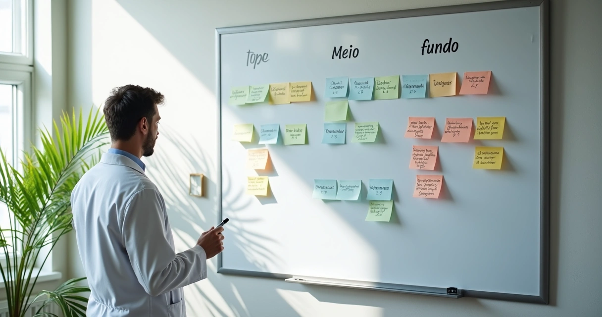 Quadro branco mostrando mapa de conteúdo por etapa do funil em consultório 