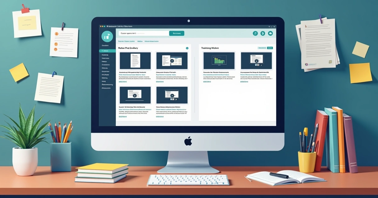 Tela de computador mostra biblioteca digital de vídeos e textos de treinamento 