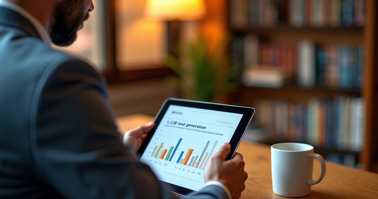 Profissional lendo e-book sobre prospecção em tablet 